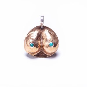 Steve Adams handmade brass breast pendant with two green onyx stones in silver bezels, a silver bail and a silver snake chain, photographed against a white background.