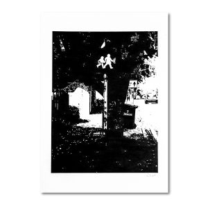 Black-and-white ink drawing of a Johannesburg pedestrian crossing sign surrounded by dark foliage and urban shadows, rendered in a high-contrast graphic style.