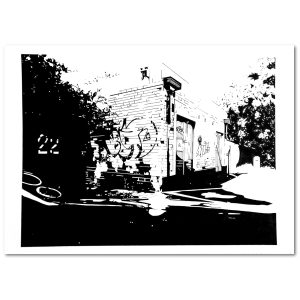 High-contrast ink drawing of an electrical substation with graffiti in Johannesburg, featuring stark black shadows and minimalist architectural forms.