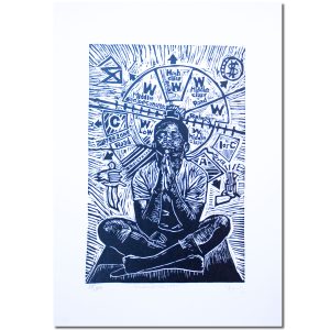 Linocut print in dark navy blue depicting a seated figure in prayer surrounded by symbolic road signs, zoning references, and graphic urban imagery exploring segregation and identity.