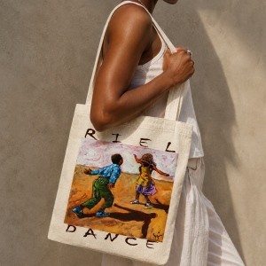 Gary Frier Riel Dance natural cotton art tote bag worn over the shoulder, featuring vibrant artwork of two people dancing.