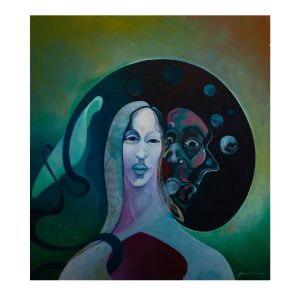 Joshua de Bliquy oil painting Distillate, showing a luminous pale figure with a second face emerging behind her against a deep green, blue and black metaphysical background.