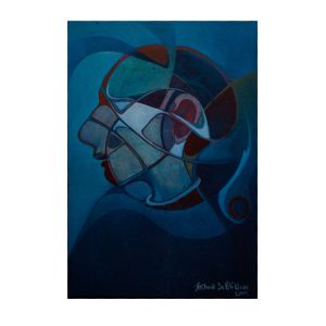 Abstract figurative painting by Joshua de Bliquy featuring overlapping blue, teal, burgundy and flesh-toned forms against a deep blue background, framed in black.