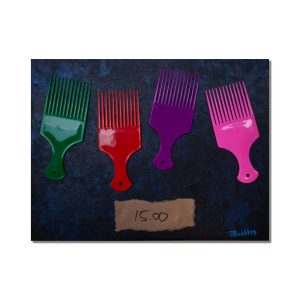 Jay Bubbles, Afro Combs — 15 each, mixed-media artwork featuring colourful Afro combs arranged against a deep blue background with a handwritten cardboard price label.