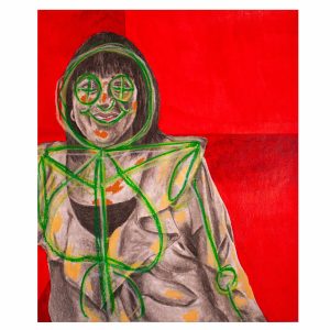 Mixed-media portrait of a woman looking directly at the viewer against a vivid red background. Her muted figure is layered with expressive green pastel lines that move across her face, shoulders and body, creating an abstract, geometric structure around the portrait.