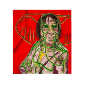 Mixed-media portrait by Tryston Brickles of a calm, contemplative figure against a vivid red background, layered with expressive green and yellow linework suggesting elephant-like ears and features.